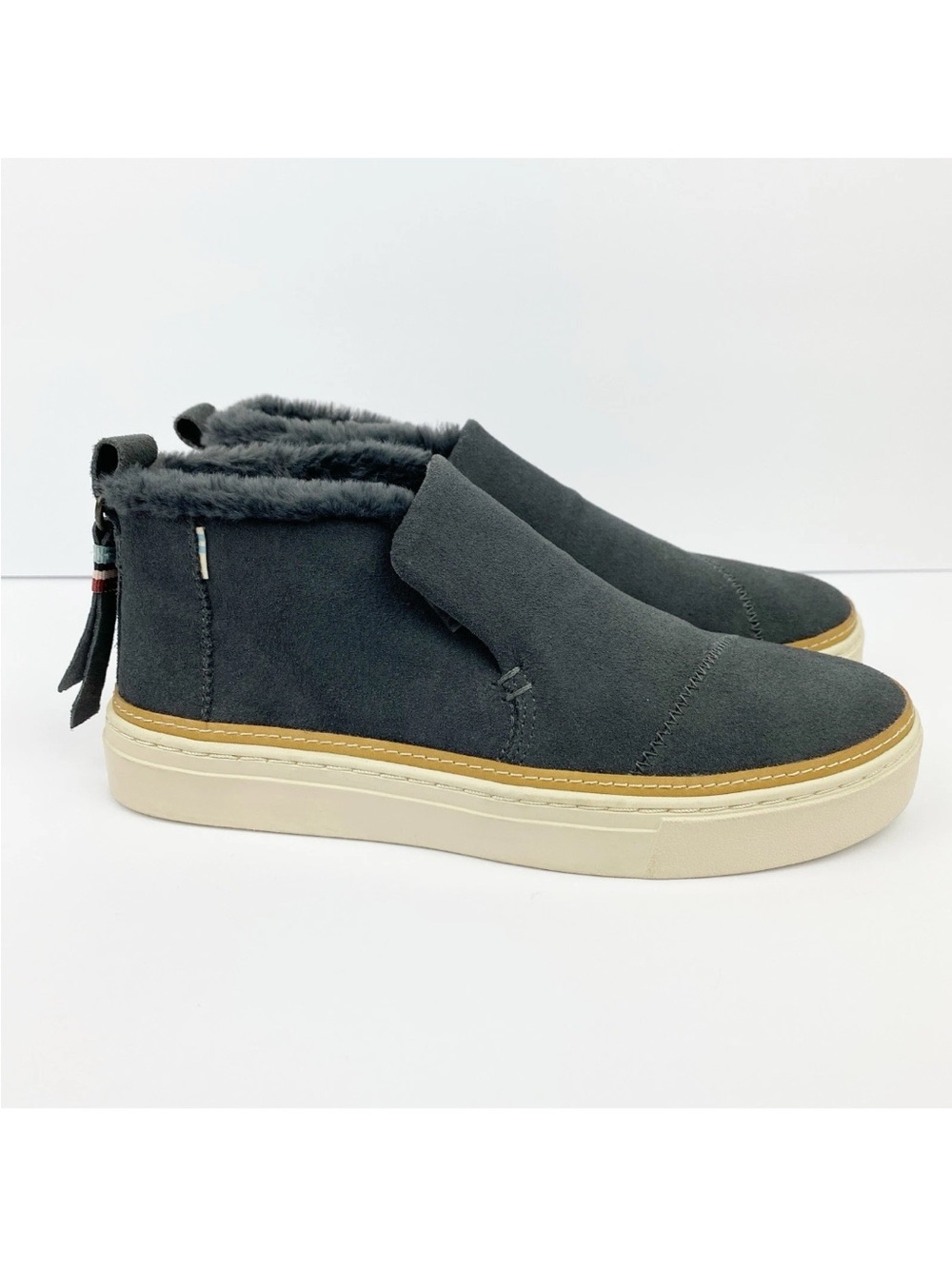 TOMS Paxton Shoes Women's Size 7 Gray Suede Leather Sneakers Slip On Faux Fur